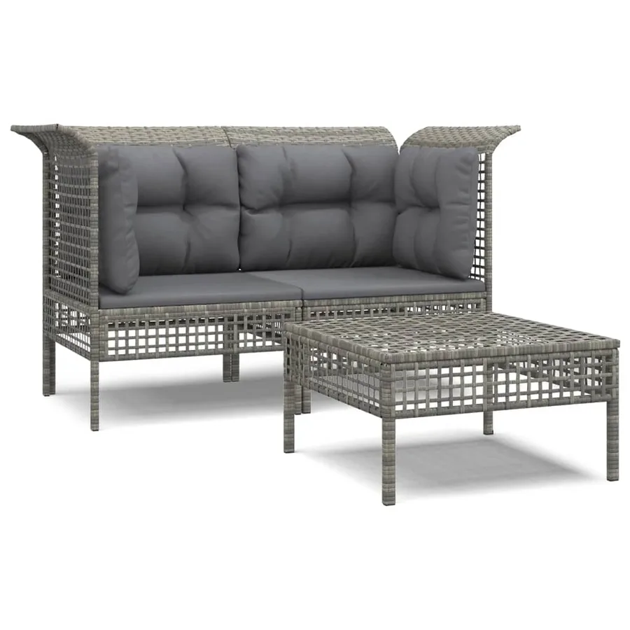 Salon de jardin 3 pcs avec coussins Gris Résine tressée - 2