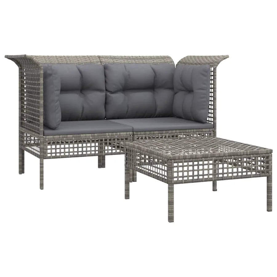 Garden lounge set 3 pcs with cushions Grey Poly rattan - 3