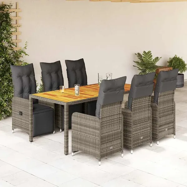 Ensemble de bistro de jardin 7 pcs coussins gris poly rotin