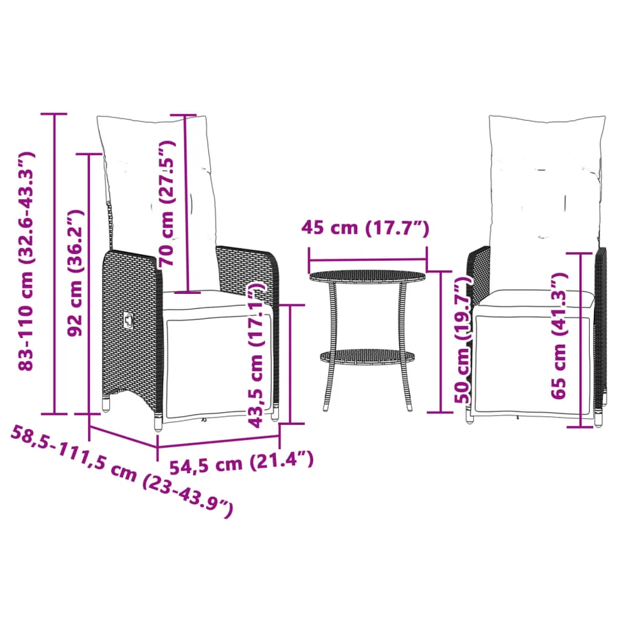 Chaises inclinables de jardin lot de 2 avec table beige rotin - 11