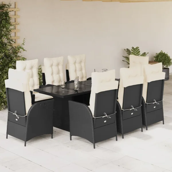 Ensemble à manger de jardin 9pcs coussins noir résine tressée