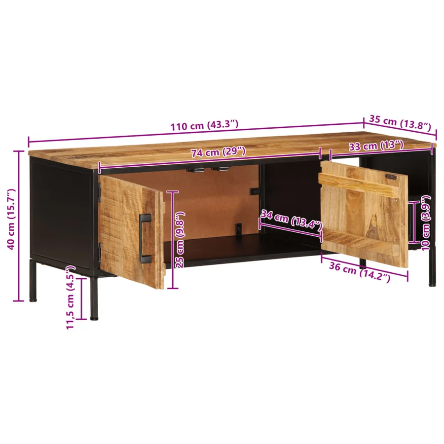 Meuble TV 110x35x40 cm bois massif de manguier brut - 13