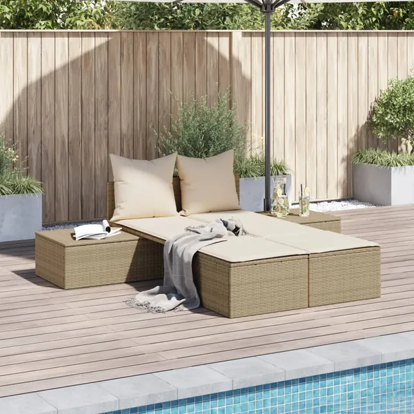 Chaise longue double avec coussins beige résine tressée