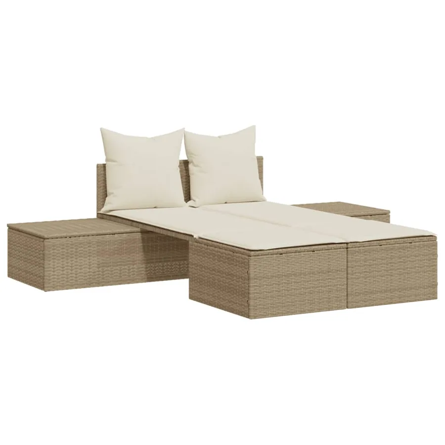 Chaise longue double avec coussins beige résine tressée - 2
