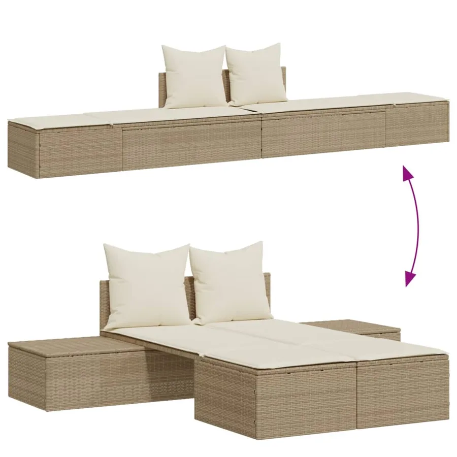Chaise longue double avec coussins beige résine tressée - 3