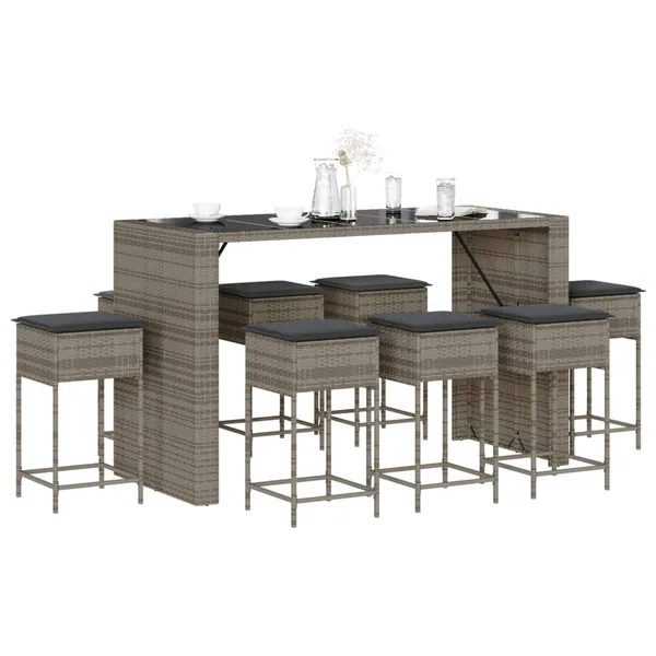 Ensemble de bar de jardin 9 pcs avec coussins gris poly rotin