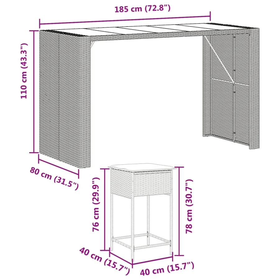 Ensemble de bar de jardin 9 pcs avec coussins gris poly rotin - 8