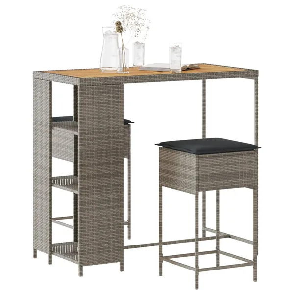 Ensemble de bar de jardin 3 pcs et coussins gris résine tressée