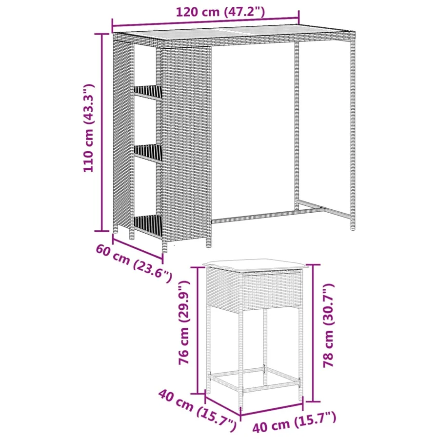 Ensemble de bar de jardin 3 pcs et coussins gris résine tressée - 8