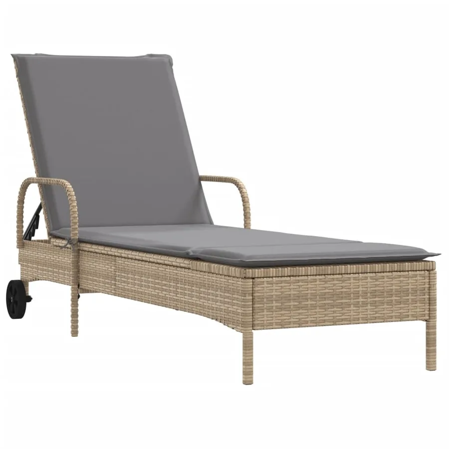 Chaise longue avec roues et coussin beige résine tressée - 2