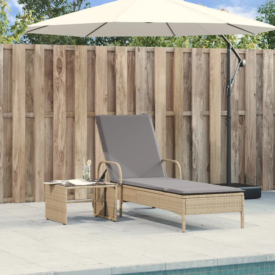 Chaise longue avec roues et coussin beige résine tressée - 3