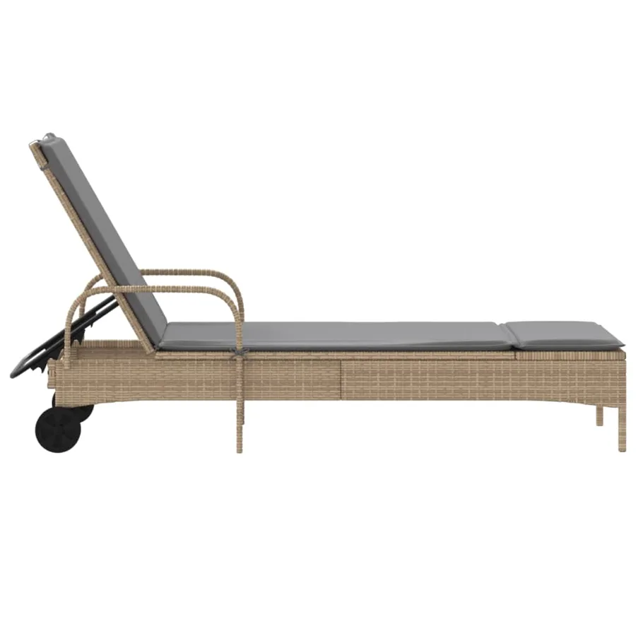 Chaise longue avec roues et coussin beige résine tressée - 5