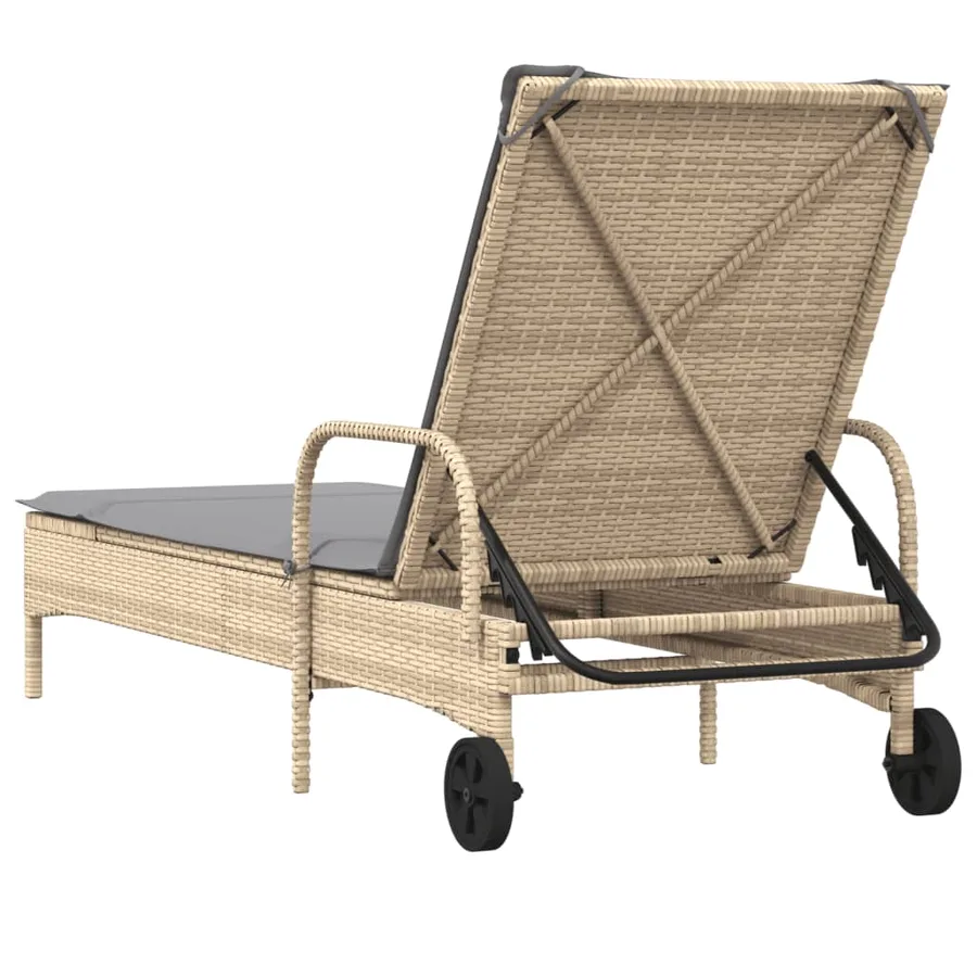Chaise longue avec roues et coussin beige résine tressée - 6