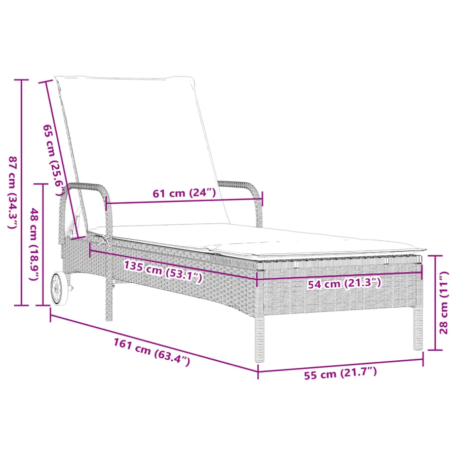 Chaise longue avec roues et coussins gris clair résine tressée - 10