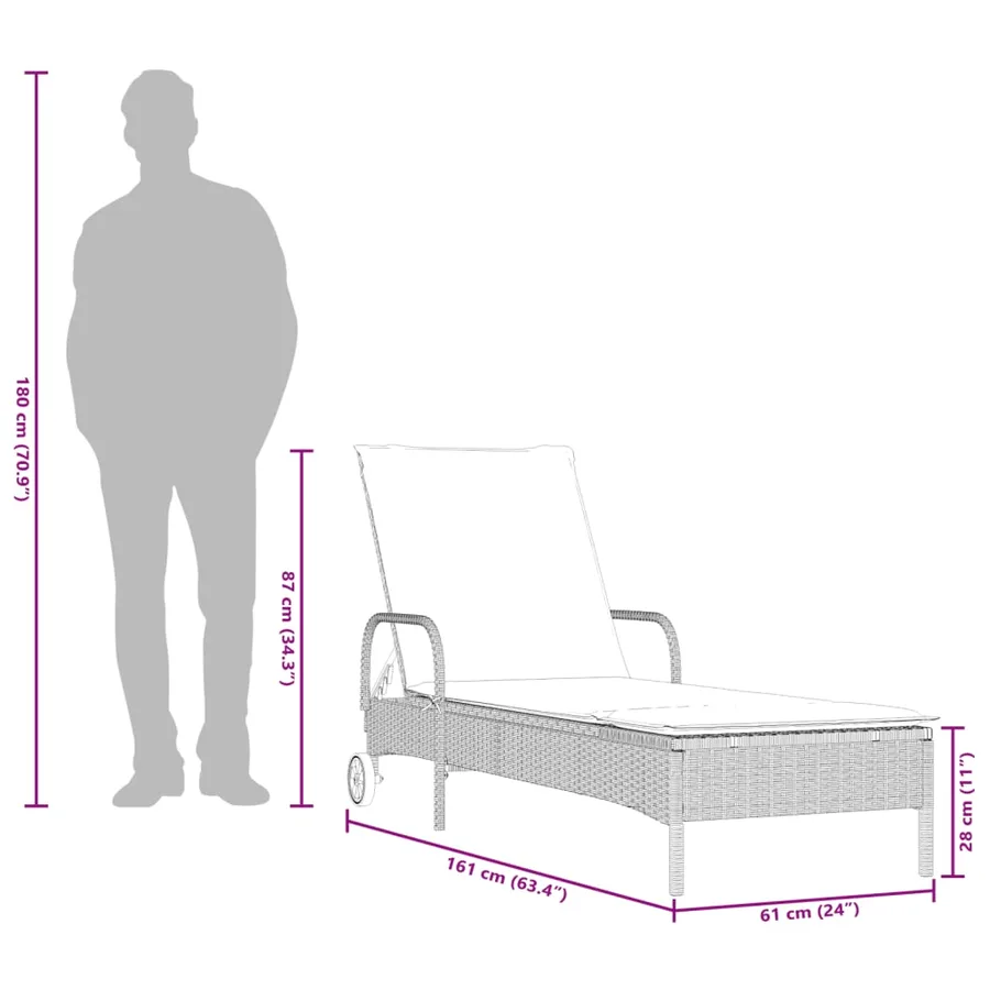 Chaise longue avec roues et coussins gris clair résine tressée - 11