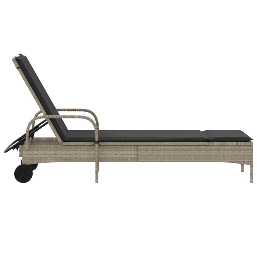 Chaise longue avec roues et coussins gris clair résine tressée - 5