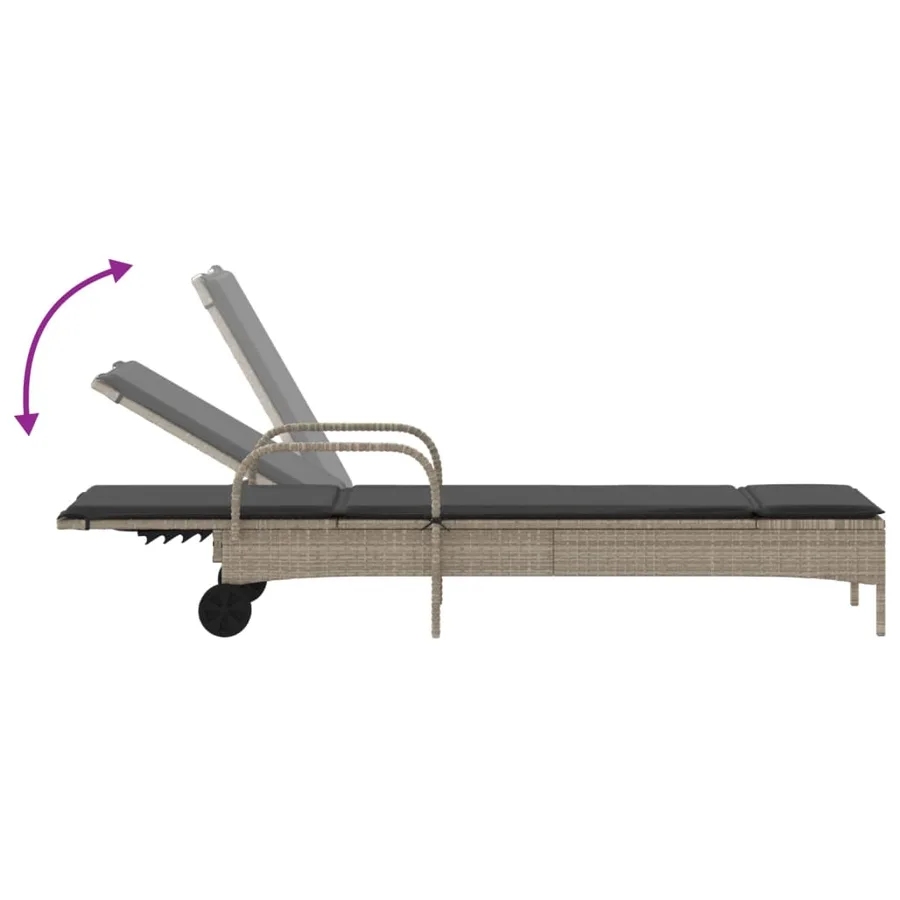 Chaise longue avec roues et coussins gris clair résine tressée - 7