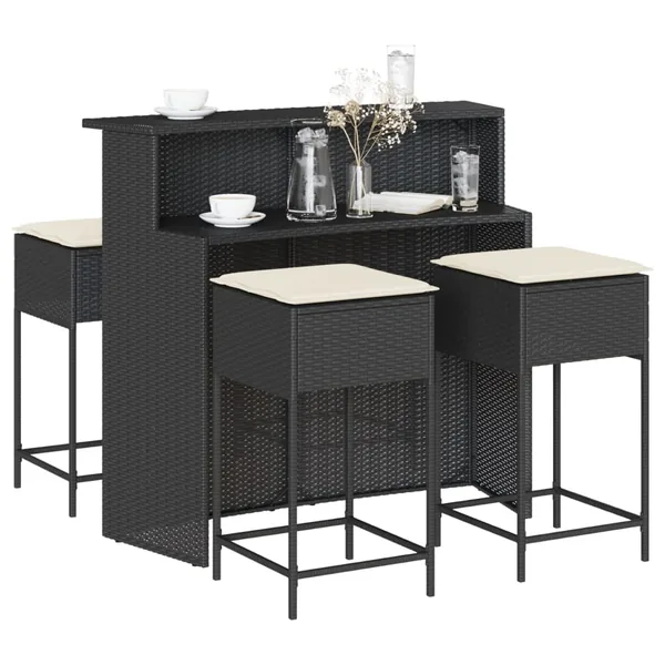 Ensemble de bar de jardin 5 pcs avec coussins noir poly rotin