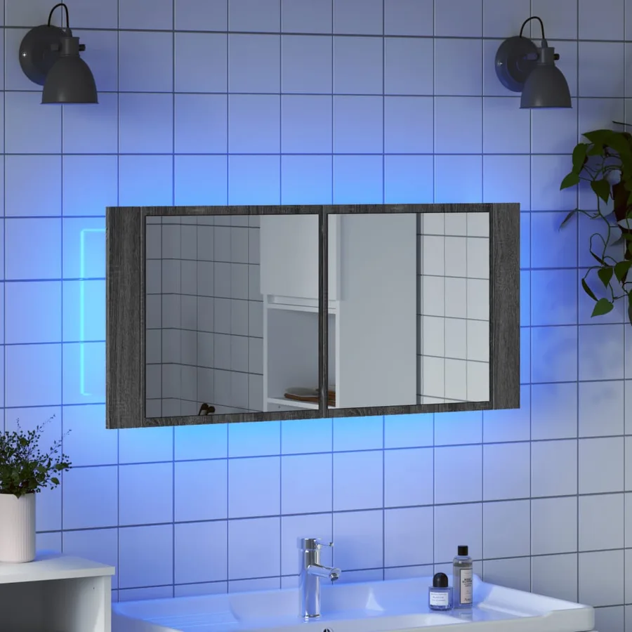 Armoire à miroir à LED de bain gris sonoma 100x12x45 cm - 4