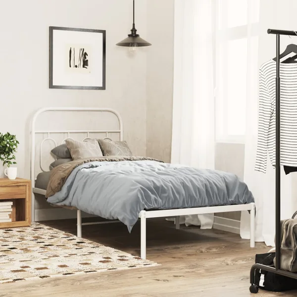 Cadre de lit métal sans matelas avec tête de lit blanc 90x190cm