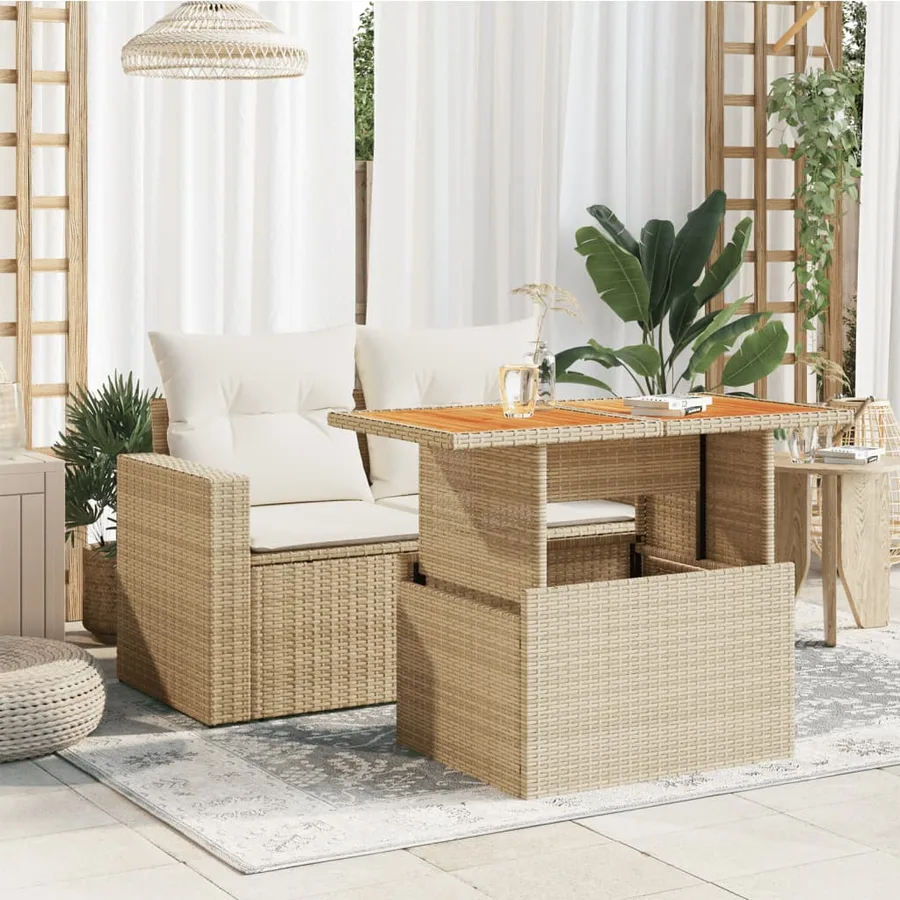Table de jardin beige 100x55x73cm résine tressée et bois acacia - 3