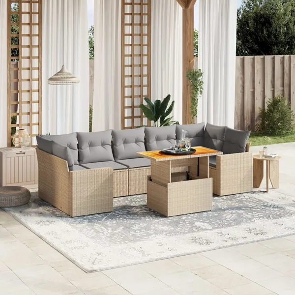 Salon de jardin avec coussins 8 pcs beige résine tressée