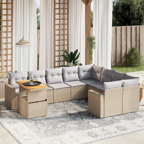Salon de jardin avec coussins 10 pcs beige résine tressée
