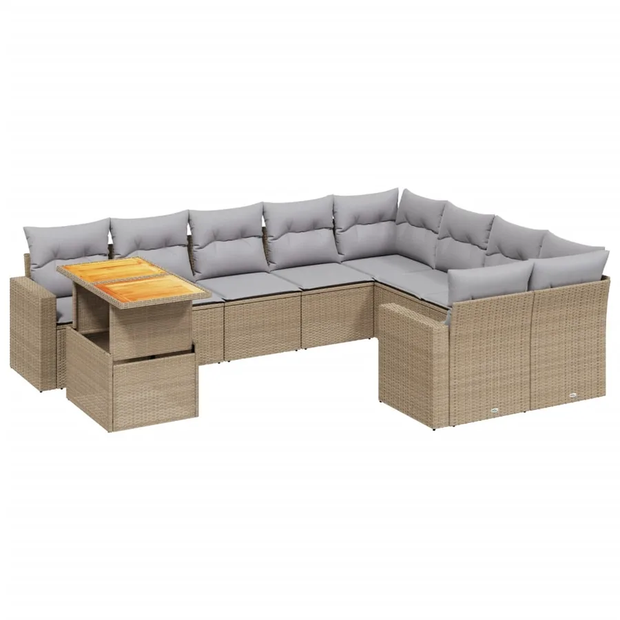 Salon de jardin avec coussins 10 pcs beige résine tressée - 2