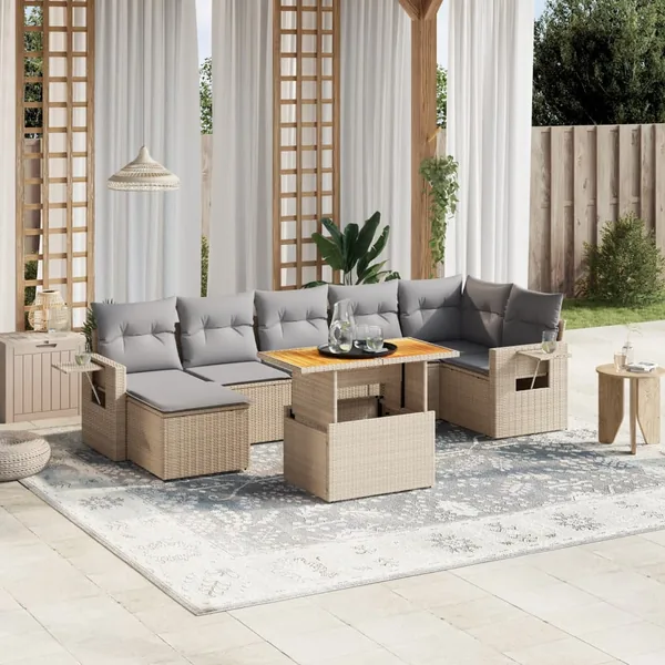 Salon de jardin avec coussins 8 pcs beige résine tressée