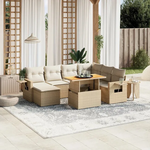 Salon de jardin avec coussins 8 pcs beige résine tressée