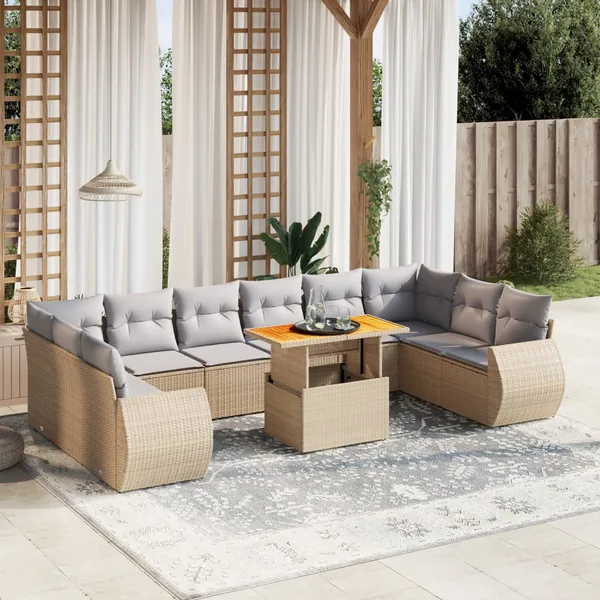 Salon de jardin 11 pcs avec coussins beige résine tressée