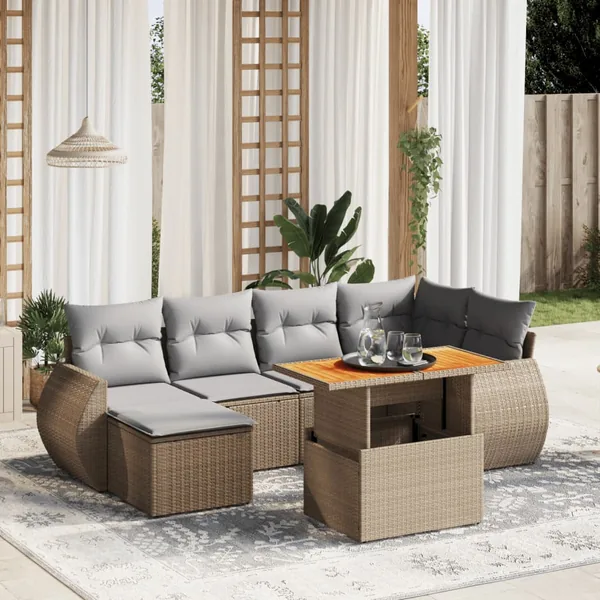 Salon de jardin avec coussins 7 pcs beige résine tressée