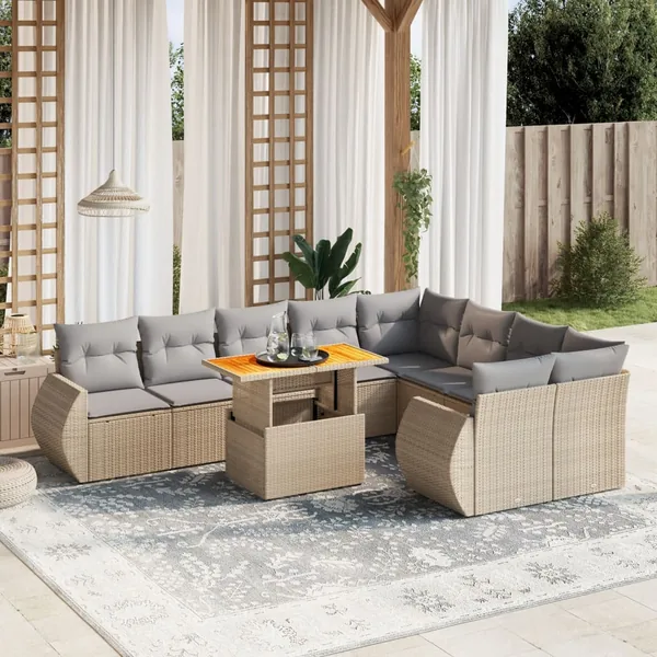 Salon de jardin avec coussins 10 pcs beige résine tressée