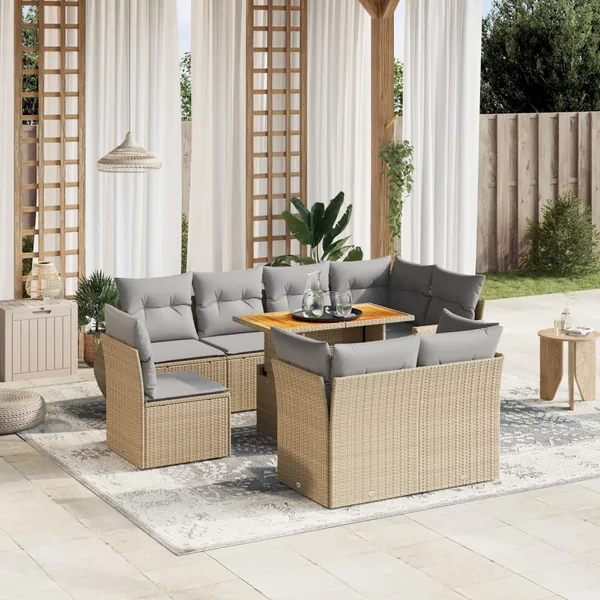 Salon de jardin avec coussins 9 pcs beige résine tressée