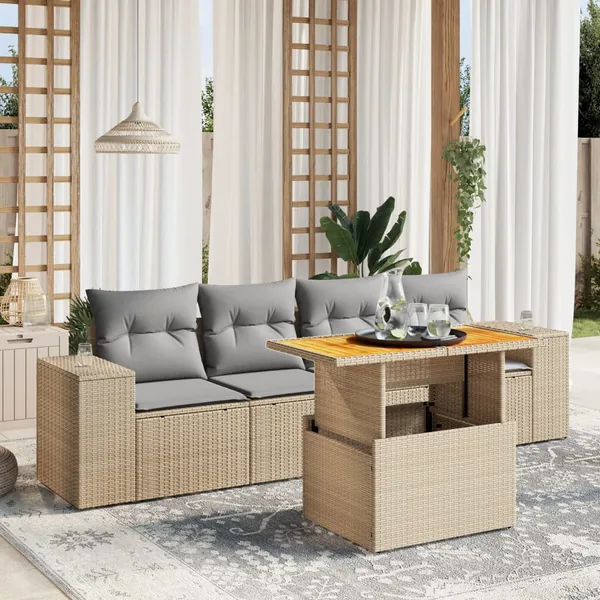 Salon de jardin avec coussins 5 pcs beige résine tressée