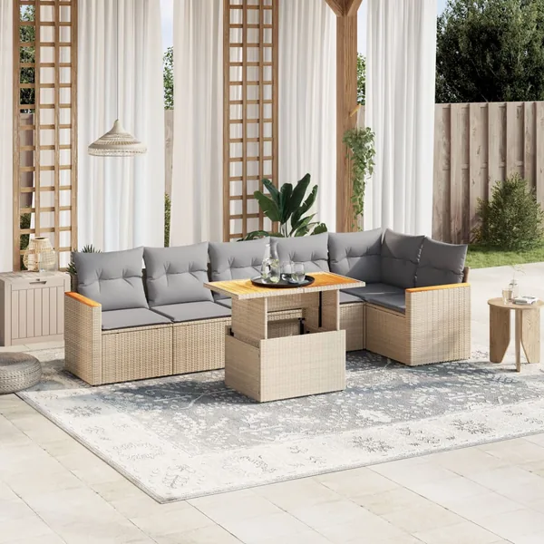 Salon de jardin avec coussins 7 pcs beige résine tressée