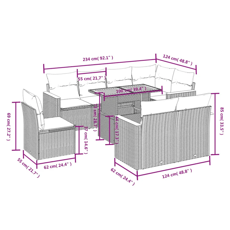 Salon de jardin avec coussins 9 pcs beige résine tressée - 3