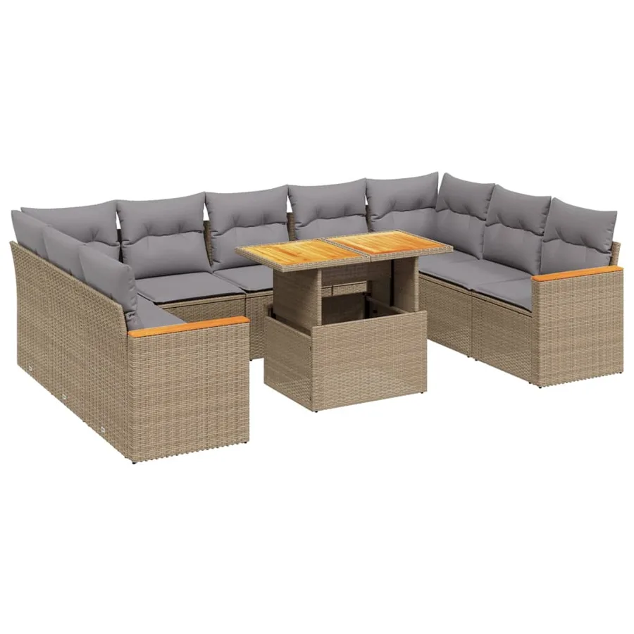 Salon de jardin avec coussins 10 pcs beige résine tressée - 2