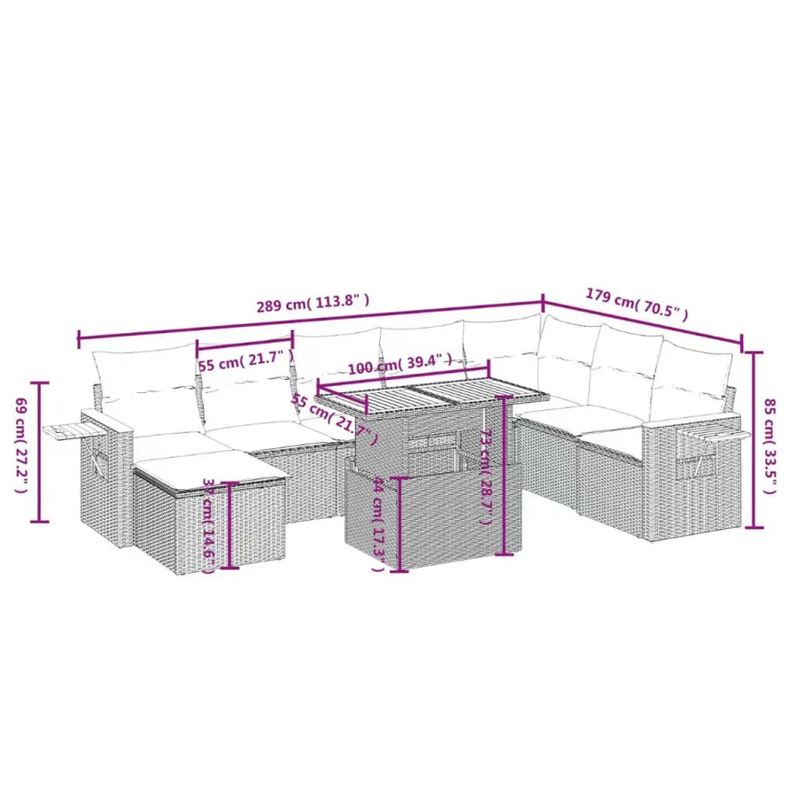 Salon de jardin avec coussins 9 pcs beige résine tressée - 3
