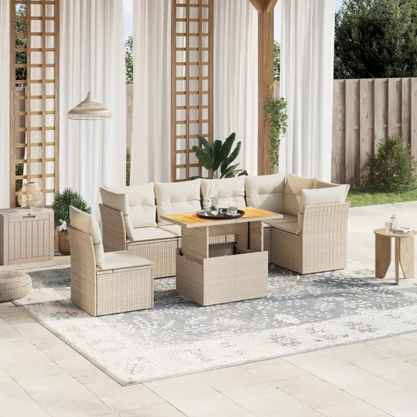 Salon de jardin avec coussins 7 pcs beige résine tressée
