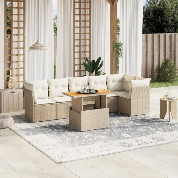 Salon de jardin avec coussins 7 pcs beige résine tressée