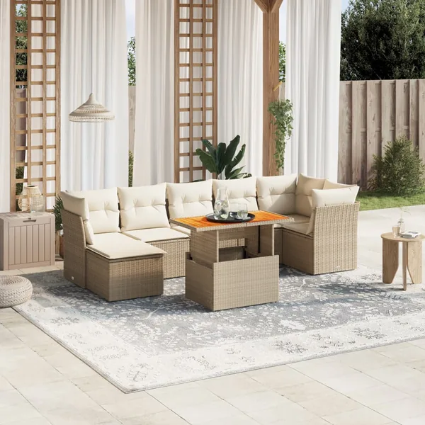 Salon de jardin avec coussins 8 pcs beige résine tressée