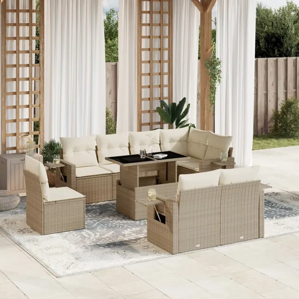 Salon de jardin avec coussins 9 pcs beige résine tressée