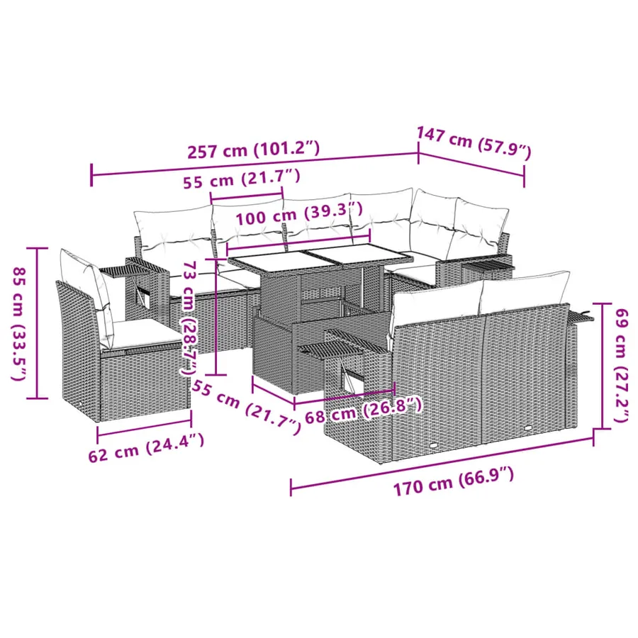 Salon de jardin avec coussins 9 pcs beige résine tressée - 11
