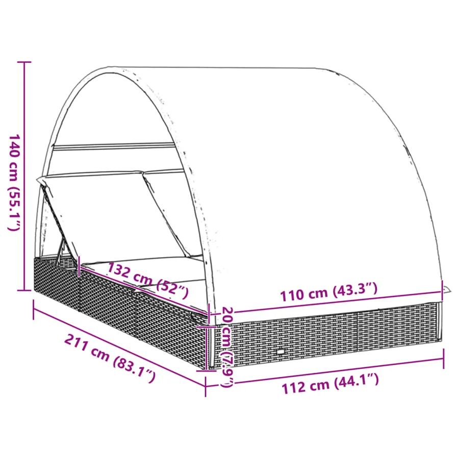 Transat 2 places avec toit rond noir 211x112x140 cm - 36