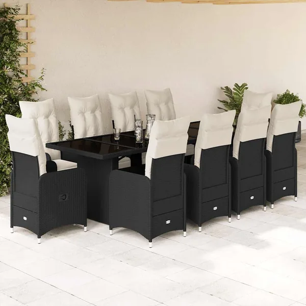 Ensemble de bistro de jardin 11 pcs coussins noir poly rotin