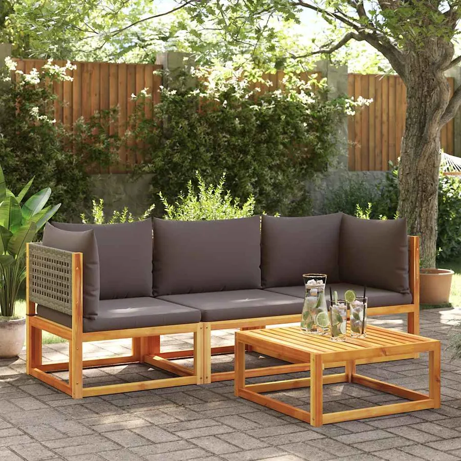 Canapé d'angle de jardin avec coussins en bois d'acacia et rotin - 3