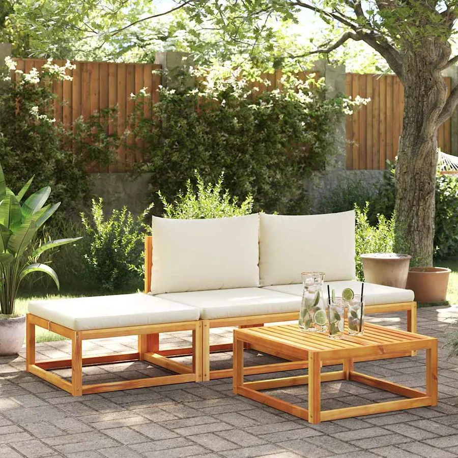 Repose-pied de jardin avec coussins bois massif d'acacia - 3