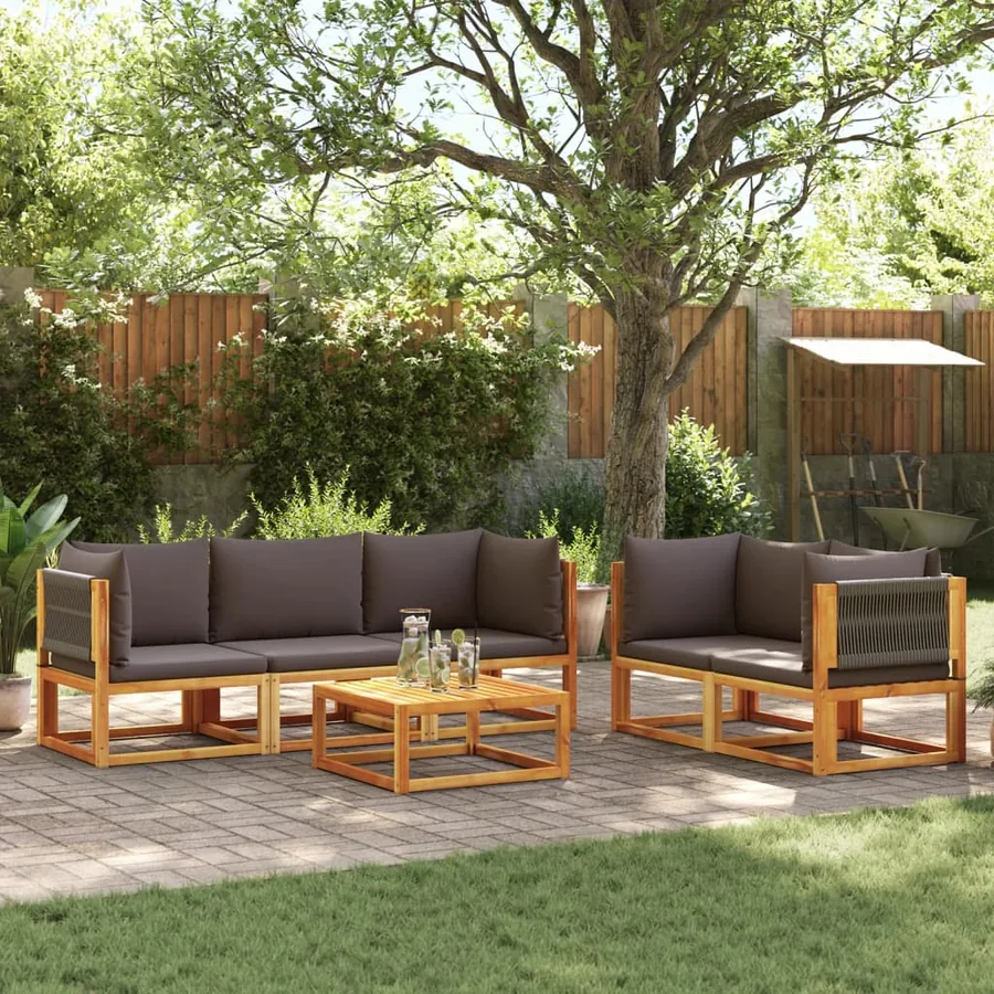 Ensemble de canapés de jardin 6 pièces avec coussins en bois d'acacia et corde