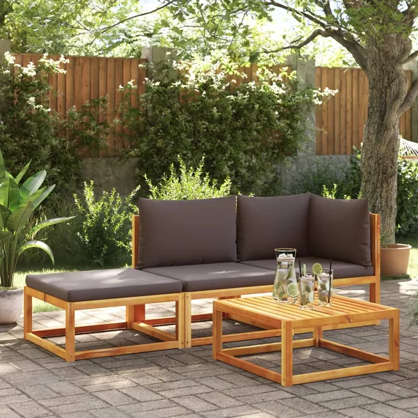 Ensemble de canapés de jardin 3 pièces avec coussins, bois d'acacia et corde,
